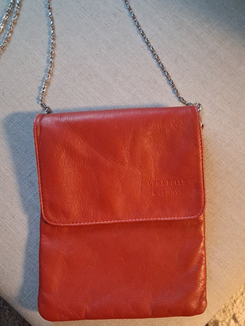 Vera Pelle Orange-Red Leather Crossbody with Silver Chain